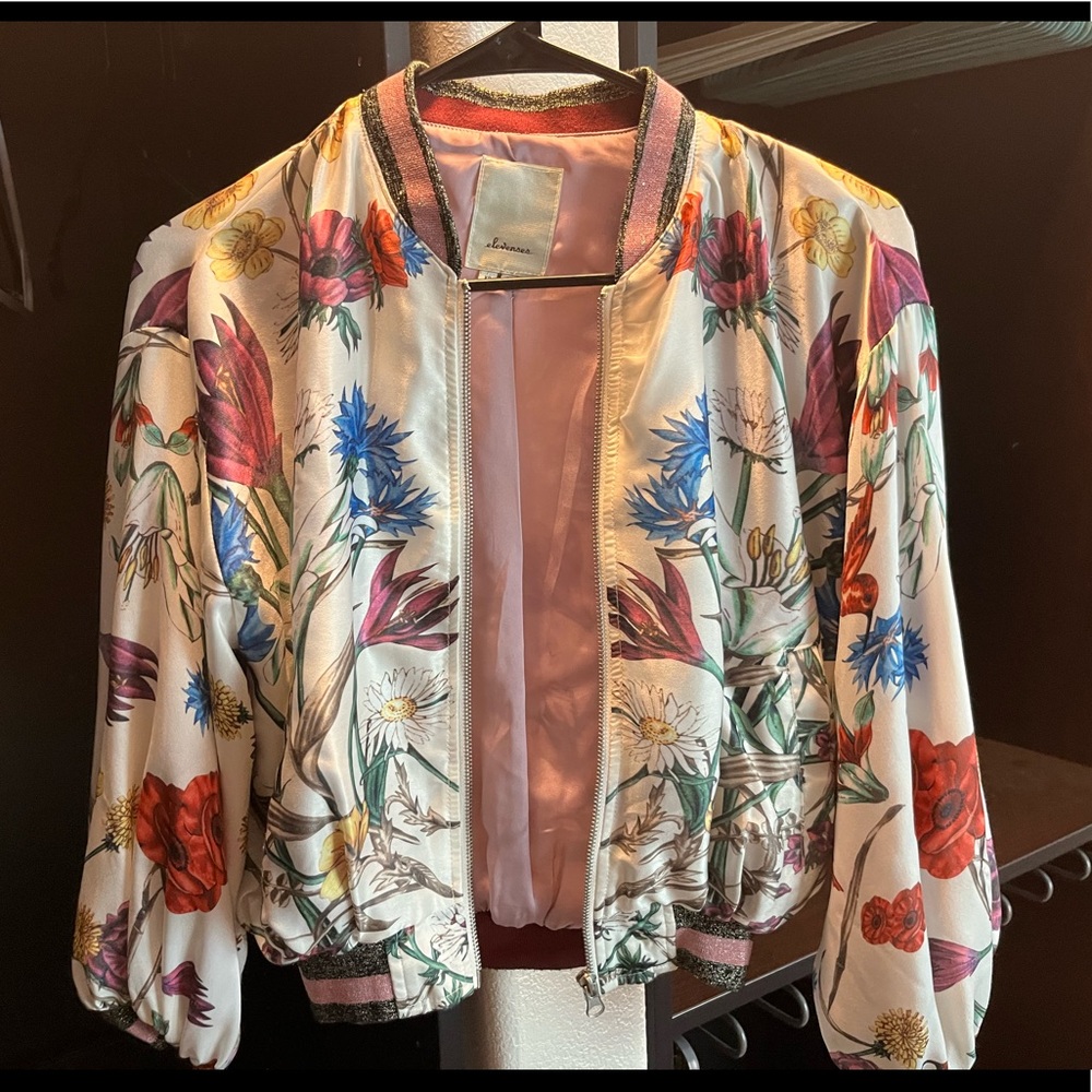Anthropologie- Elevenses cropped silk floral bomber.  Gorgeous.